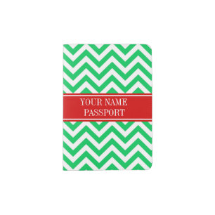 Xmas Emerald White LG Chevron Red Name Monogram Passport Holder