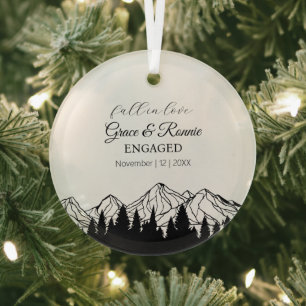 Xmas Fall Black Mountain Pine Tree Couple Engaged Glass Ornament