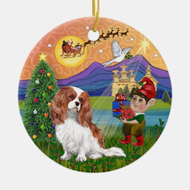 Xmas Fantasy-Blenhe Cavalier King Charles Spaniel Ceramic Ornament (Front)