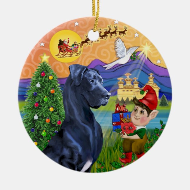 Xmas Fantasy* - Blue Great Dane (natural ears) Ceramic Ornament (Front)