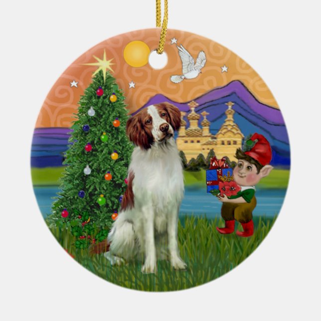 Xmas Fantasy -  Brittany Spaniel Ceramic Ornament (Front)