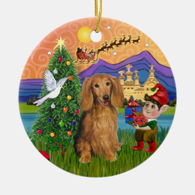 Xmas Fantasy -  Long Haired Sable Dachshund Ceramic Ornament (Front)