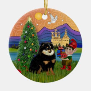 Xmas Fantasy - Pomeranian (black & tan) Ceramic Ornament