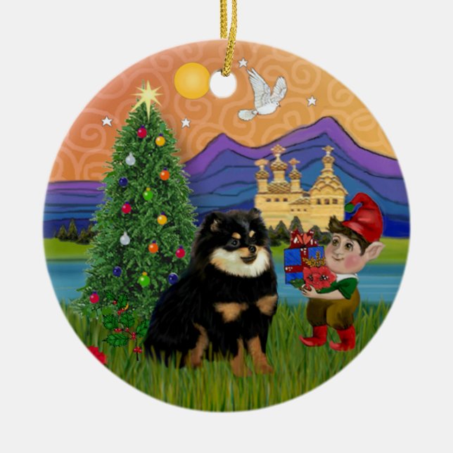 Xmas Fantasy - Pomeranian (black & tan) Ceramic Ornament (Front)