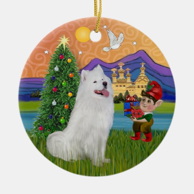 Xmas Fantasy - Samoyed Ceramic Ornament (Front)