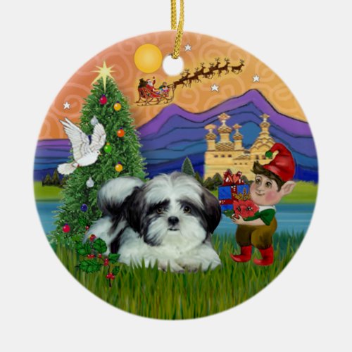 Xmas Fantasy _ Shih Tzu black_white Ceramic Ornament