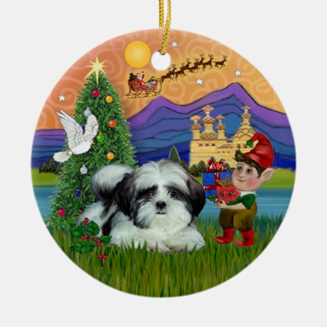 Xmas Fantasy - Shih Tzu (black-white) Ceramic Ornament (Front)