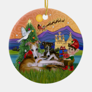 Xmas Fantasy - Two Whippets Ceramic Ornament
