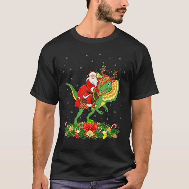 Xmas Funny Santa Riding Dilophosaurus Dinosaur Chr T-Shirt (Front)