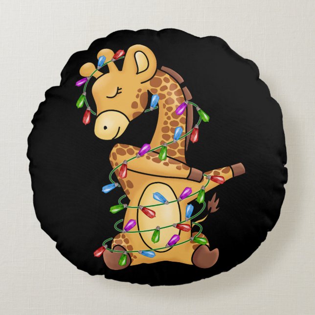 Xmas Gift Dabbing Giraffe Christmas Round Pillow (Front)