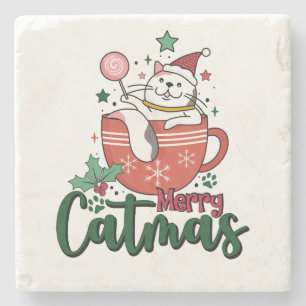Xmas Gift Merry Cute Catmas Stone Coaster