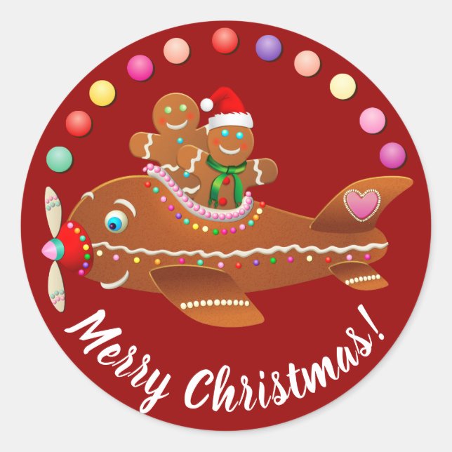Xmas Gingerbread Airplane Cartoon Classic Round Sticker (Front)