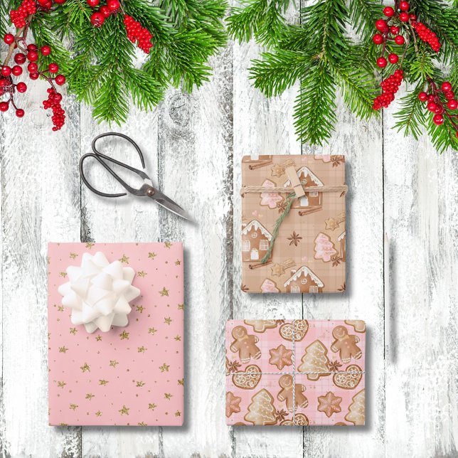 Xmas Gingerbread Men House Trees Stars Hearts Pink Wrapping Paper Sheets (Creator Uploaded)