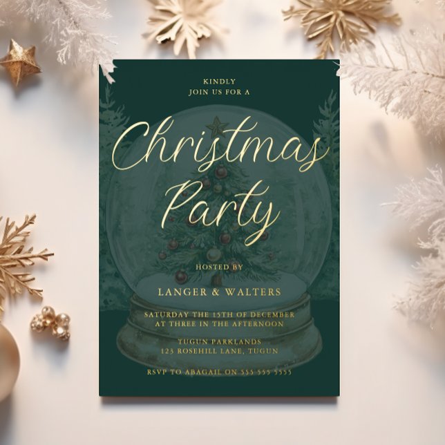 Xmas Globe Emerald Green & Gold Christmas Party Foil Invitation (Creator Uploaded)