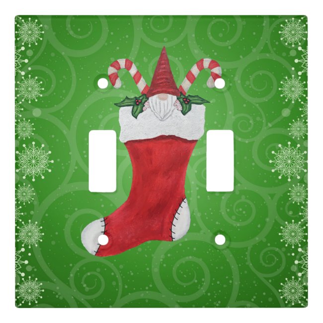 Xmas Gnome Red Hat in Stocking Swirls Snowflakes