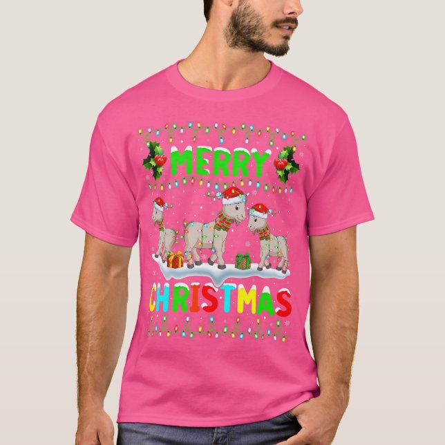 Xmas Goat Lighting Santa Hat Merry Christmas Goat T-Shirt (Front)