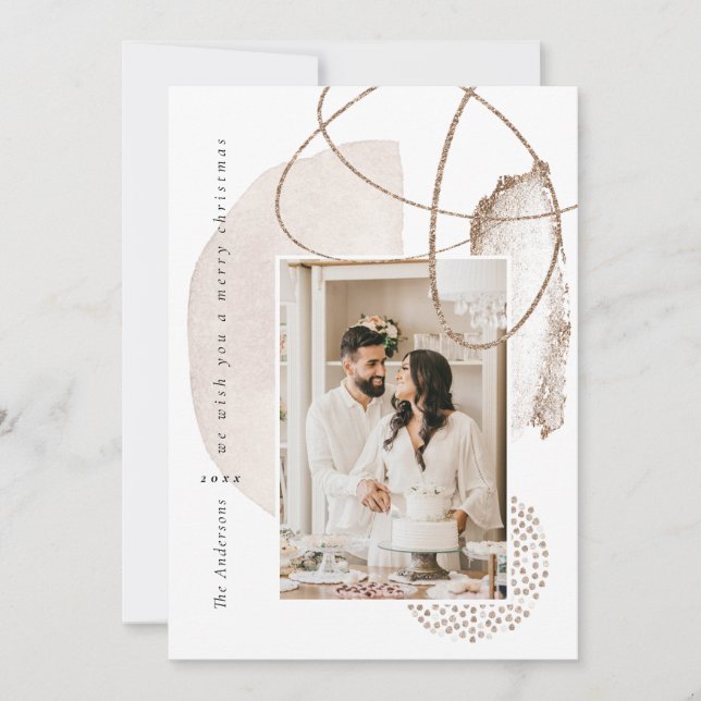 Xmas Gold Boho Modern Geometric Photo Holiday Card (Front)