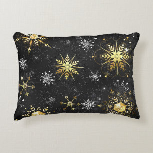 Xmas Golden Snowflakes on Black Background Accent Pillow