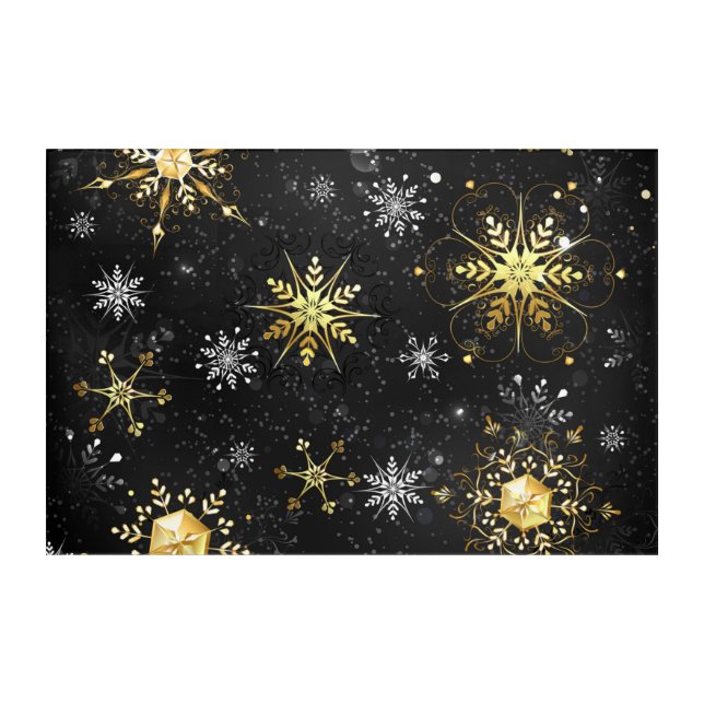 Xmas Golden Snowflakes on Black Background Acrylic Print (Front)