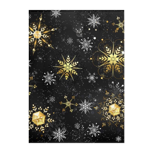 Xmas Golden Snowflakes on Black Background Acrylic Print (Front)
