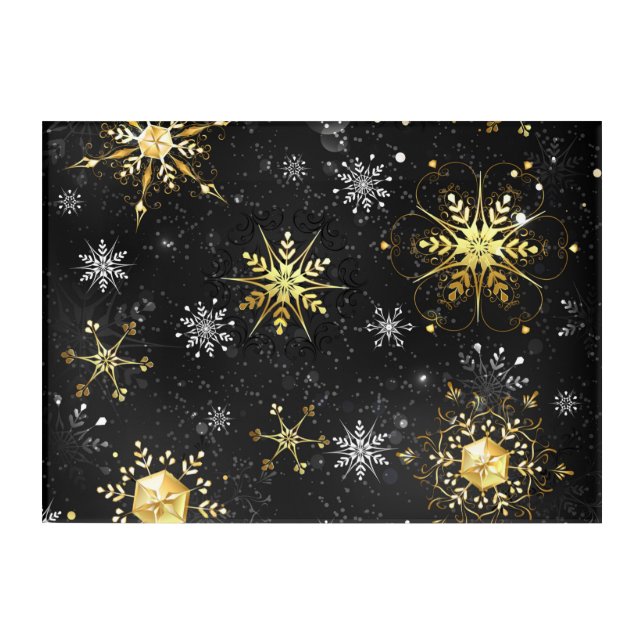 Xmas Golden Snowflakes on Black Background Acrylic Print (Front)