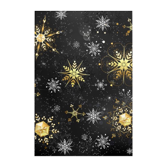 Xmas Golden Snowflakes on Black Background Acrylic Print (Front)