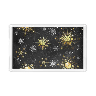 Xmas Golden Snowflakes on Black Background Acrylic Tray