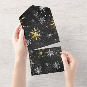 Xmas Golden Snowflakes on Black Background All In One Invitation