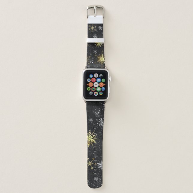 Xmas Golden Snowflakes on Black Background Apple Watch Band (Front)
