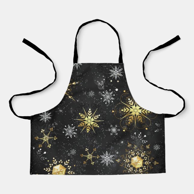 Xmas Golden Snowflakes on Black Background Apron (Front)