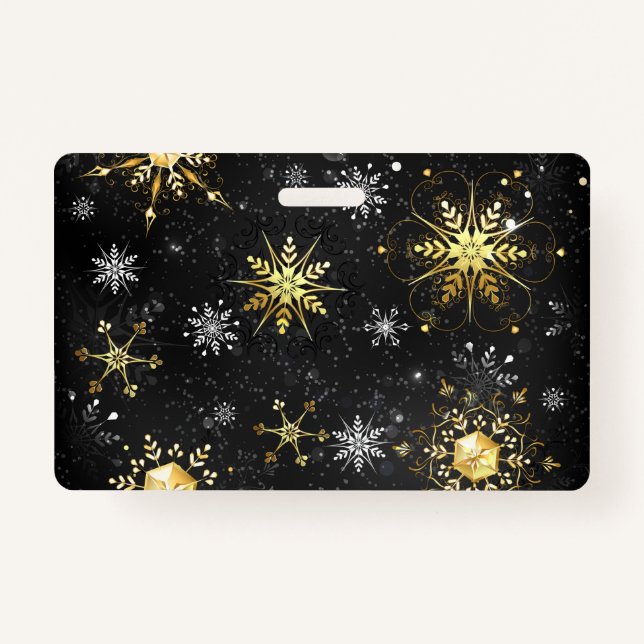 Xmas Golden Snowflakes on Black Background Badge (Front)