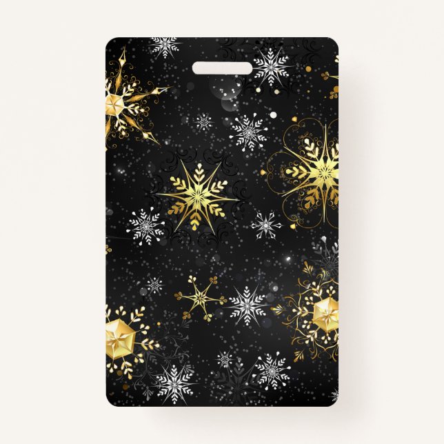 Xmas Golden Snowflakes on Black Background Badge (Front)