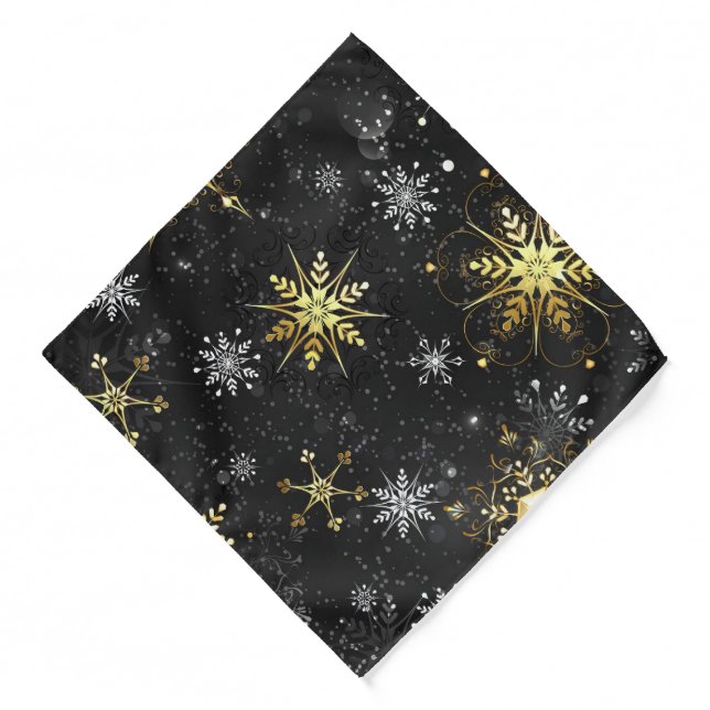 Xmas Golden Snowflakes on Black Background Bandana (Front)