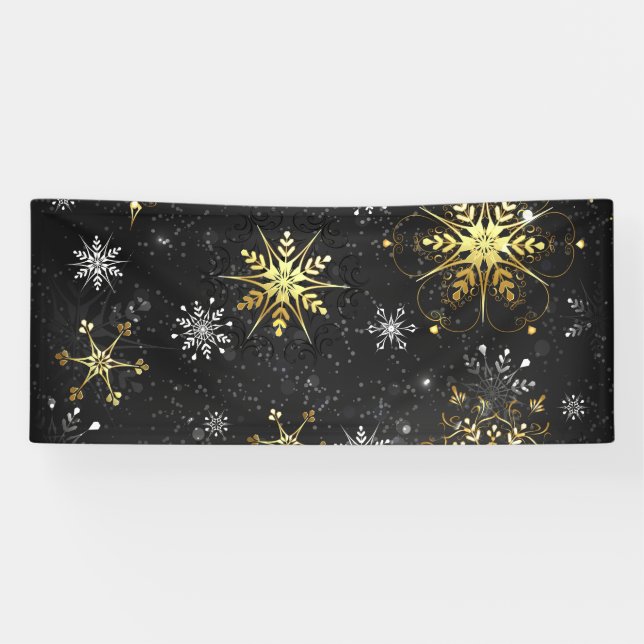 Xmas Golden Snowflakes on Black Background Banner (Horizontal)