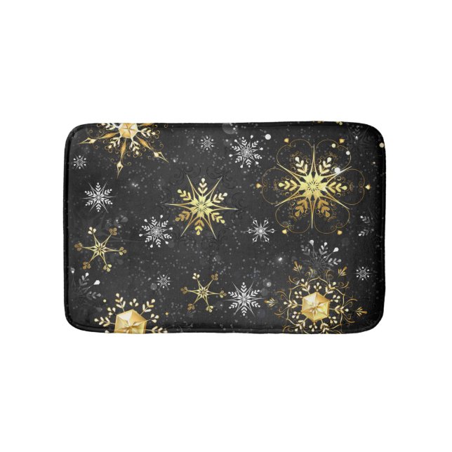 Xmas Golden Snowflakes on Black Background Bath Mat (Front)