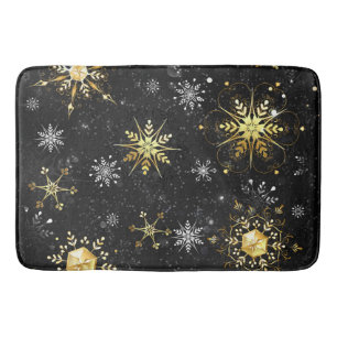 Xmas Golden Snowflakes on Black Background Bath Mat