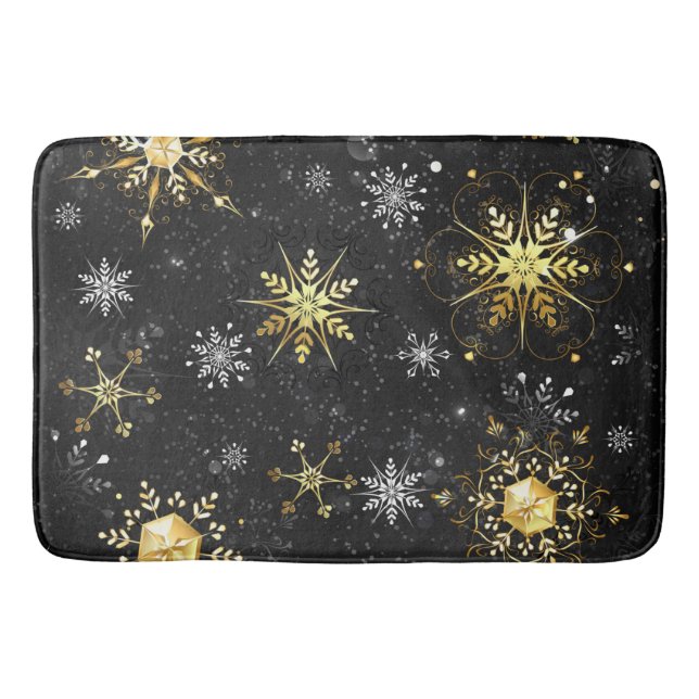 Xmas Golden Snowflakes on Black Background Bath Mat (Front)