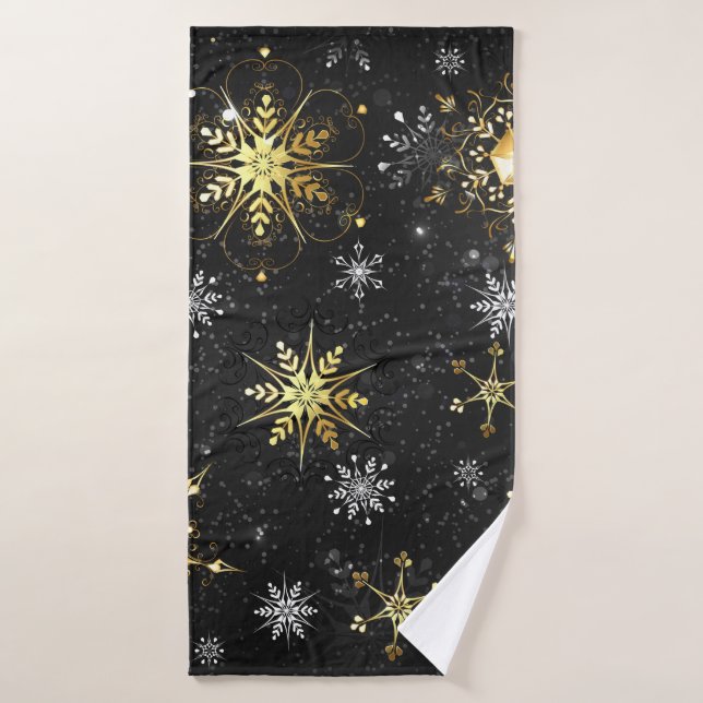 Xmas Golden Snowflakes on Black Background Bath Towel (Bath Towel)