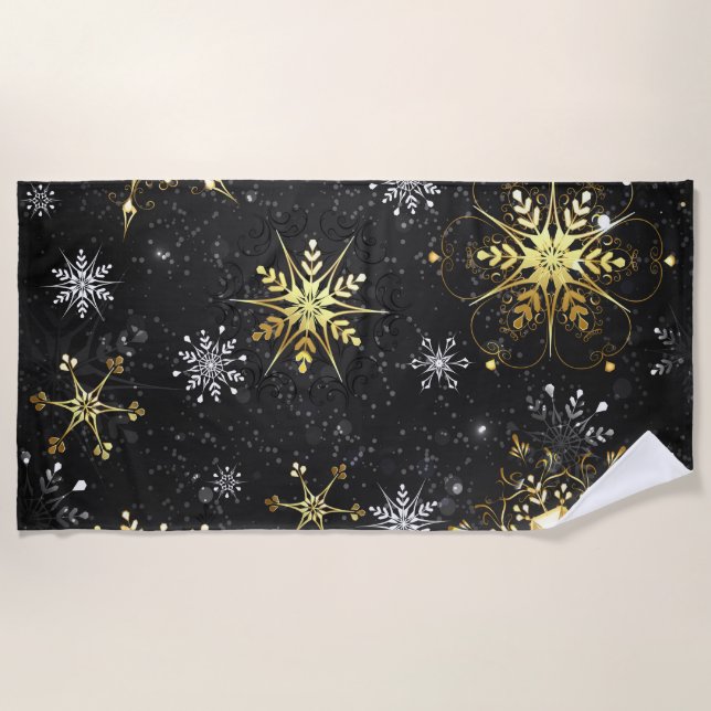 Xmas Golden Snowflakes on Black Background Beach Towel (Front)