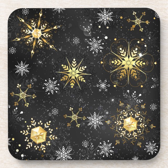 Xmas Golden Snowflakes on Black Background Beverage Coaster (Front)