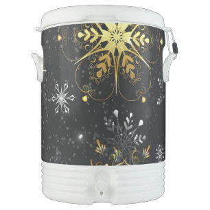 Xmas Golden Snowflakes on Black Background Beverage Cooler