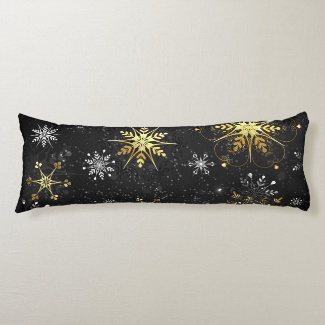 Xmas Golden Snowflakes on Black Background Body Pillow (Front)
