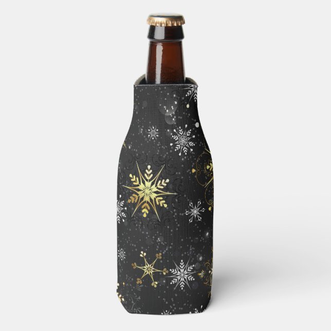 Xmas Golden Snowflakes on Black Background Bottle Cooler (Bottle Front)