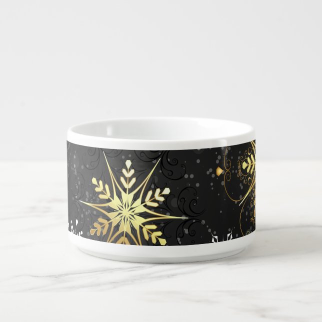 Xmas Golden Snowflakes on Black Background Bowl (Center)