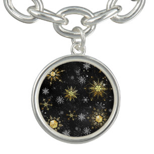 Xmas Golden Snowflakes on Black Background Bracelet