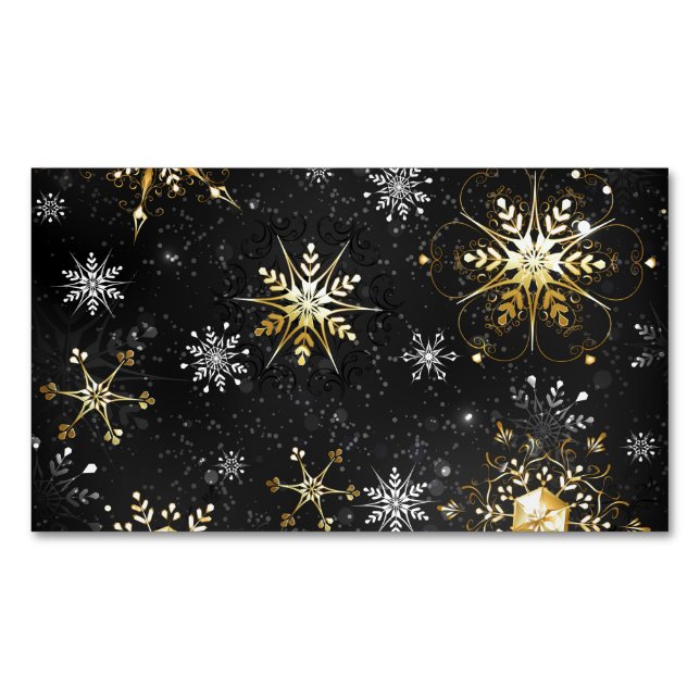 Xmas Golden Snowflakes on Black Background Business Card Magnet (Front)