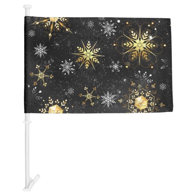 Xmas Golden Snowflakes on Black Background Car Flag (Front)