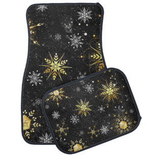 Xmas Golden Snowflakes on Black Background Car Floor Mat
