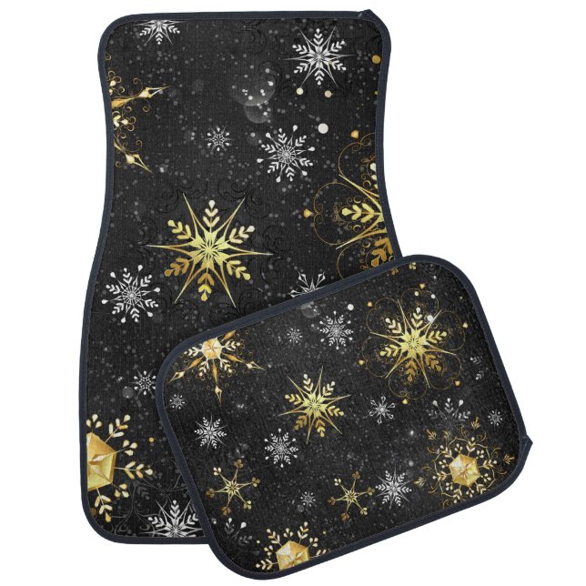 Xmas Golden Snowflakes on Black Background Car Floor Mat (Set)