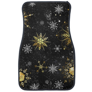 Xmas Golden Snowflakes on Black Background Car Floor Mat